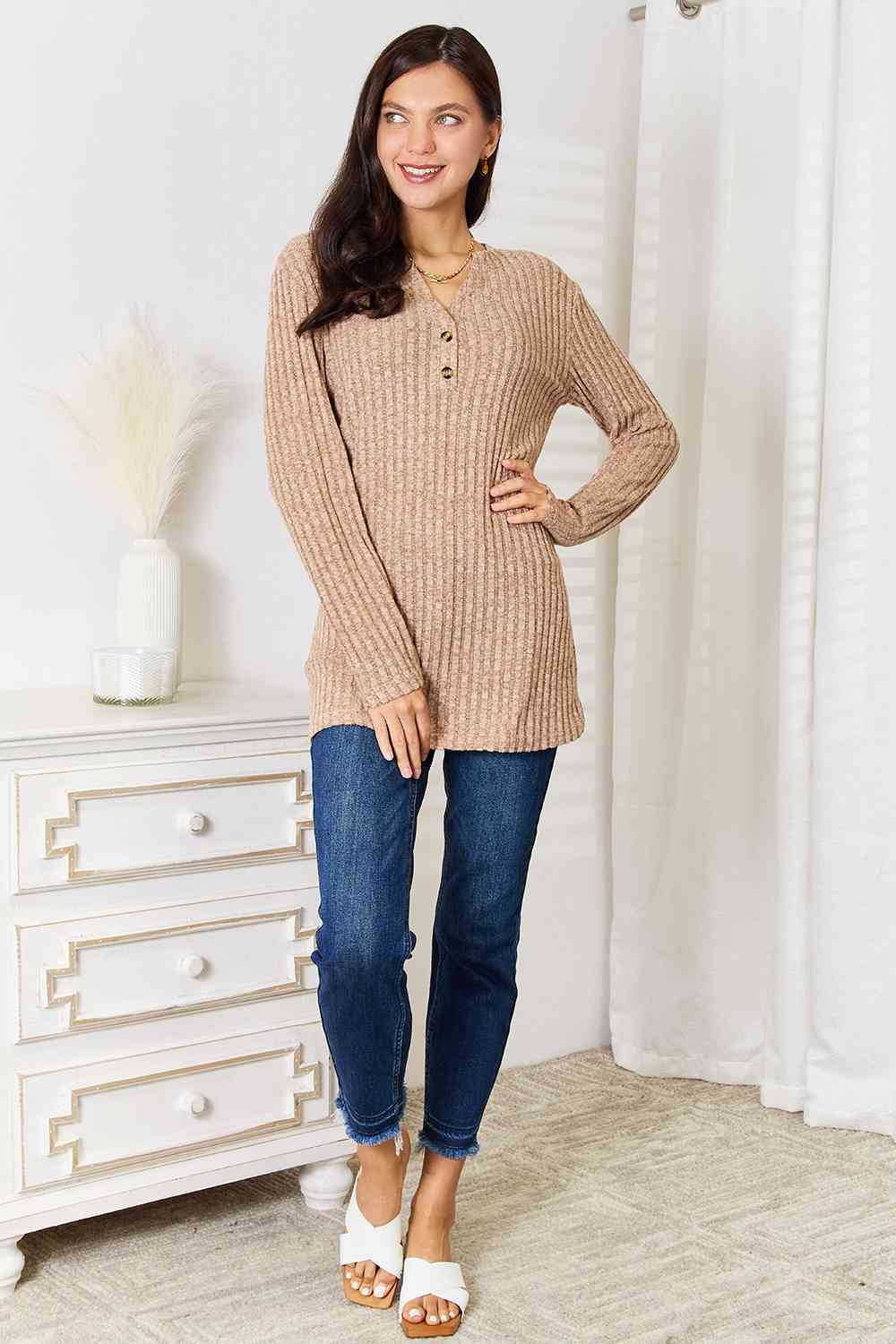 Double Take Notched Neck Ribbed Long Sleeve T-Shirt - Love Salve